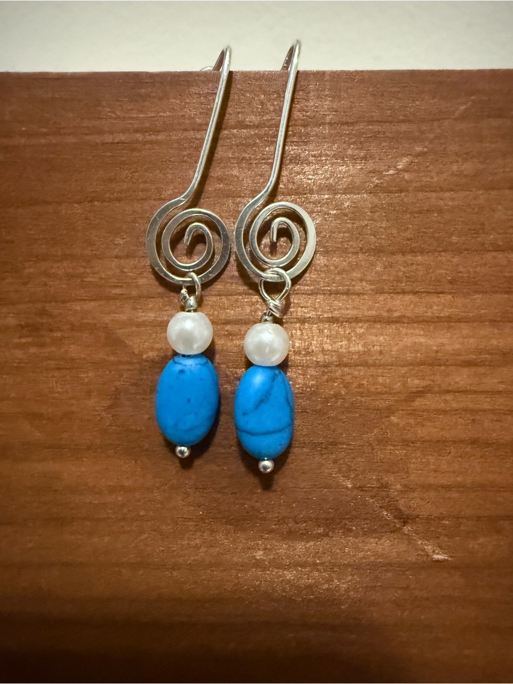 Silver Spiral Earrings with Turquoise Blue Stones and Pearl Beads